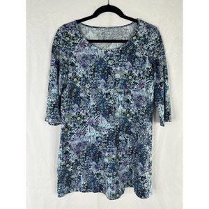 J Jill Tunic Top Blouse Women Petite Size Small Blue Printed 3/4 Sleeve Casual